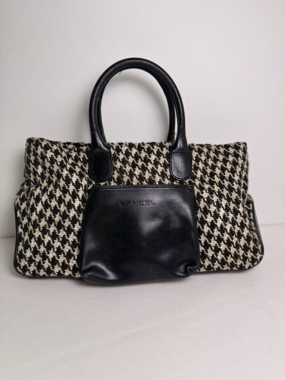 VTG Lancel Leather Tweed Houndstooth Tote Satchel Handbag Made in Italy 90s Y2K